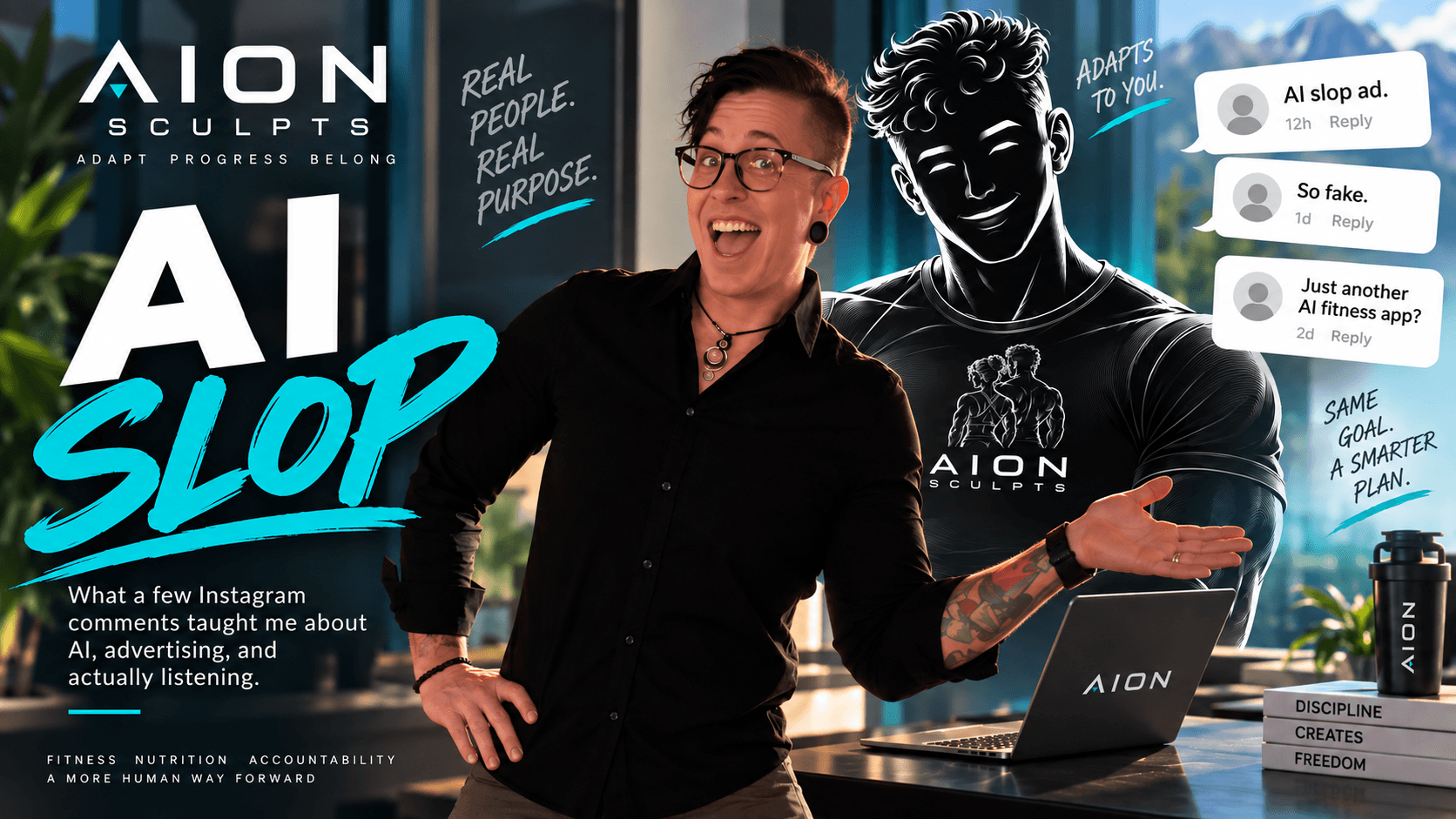 AION Sculpts founder blog art headed AI SLOP, with the subhead “What a few Instagram comments taught me about AI, advertising, and actually listening.” A founder stands laughing beside an illustrated figure in an AION Sculpts shirt, with three Instagram comment bubbles floating alongside — “AI slop ad.”, “So fake.” and “Just another AI fitness app?” — and the lines “Real people. Real purpose.” and “Same goal. A smarter plan.”