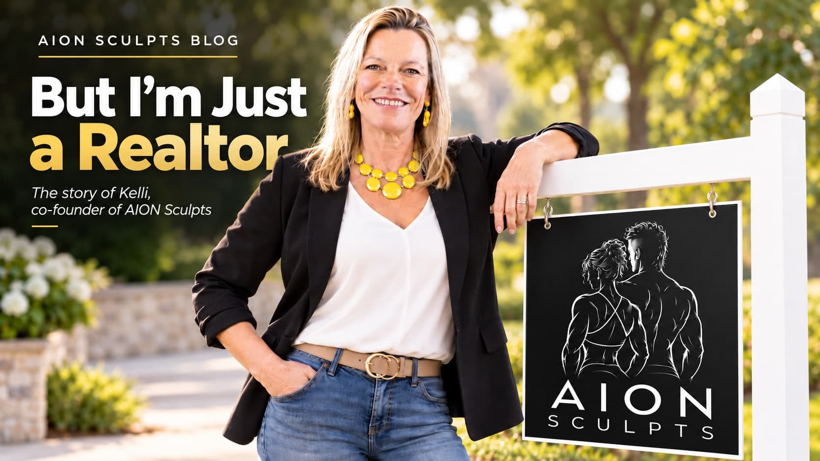 A woman in a blazer and yellow necklace leans on a for-sale sign reading AION SCULPTS, beside the headline But I’m Just a Realtor and the line: The story of Kelli, co-founder of AION Sculpts.