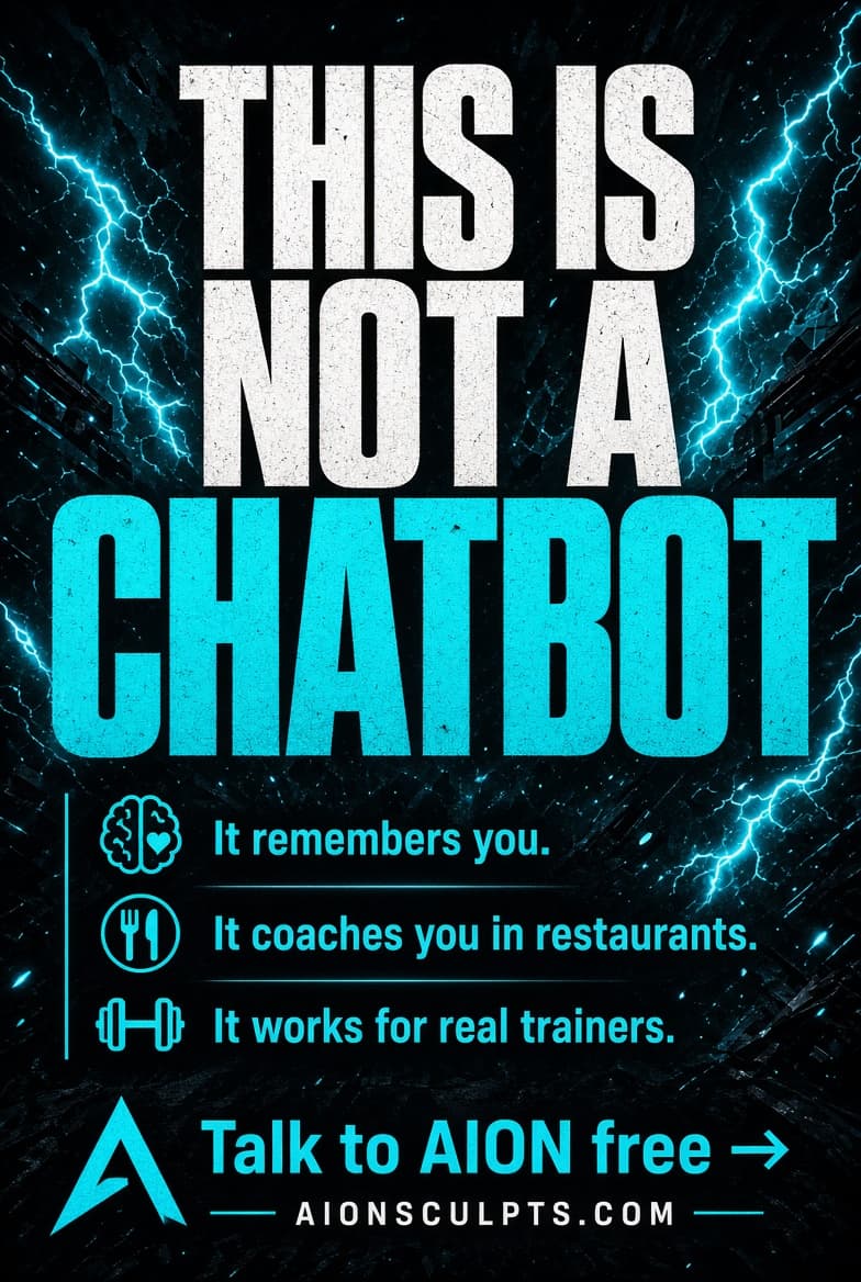 Poster reading THIS IS NOT A CHATBOT, listing that it remembers you, coaches you in restaurants, and works for real trainers.