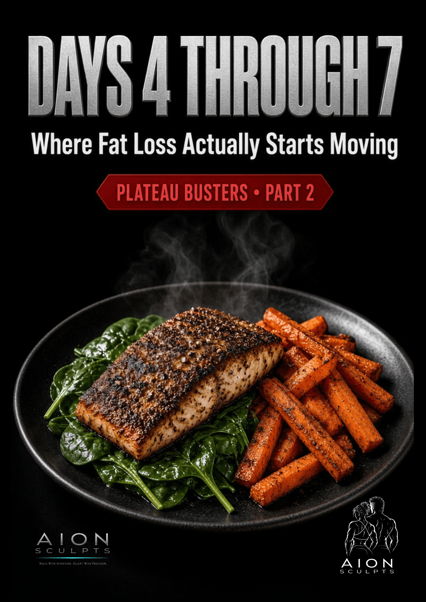 Poster reading DAYS 4 THROUGH 7 in brushed steel capitals, above the line Where Fat Loss Actually Starts Moving and a red badge reading Plateau Busters, Part 2. Below, a steaming blackened cod fillet on wilted spinach with cinnamon roasted carrots.