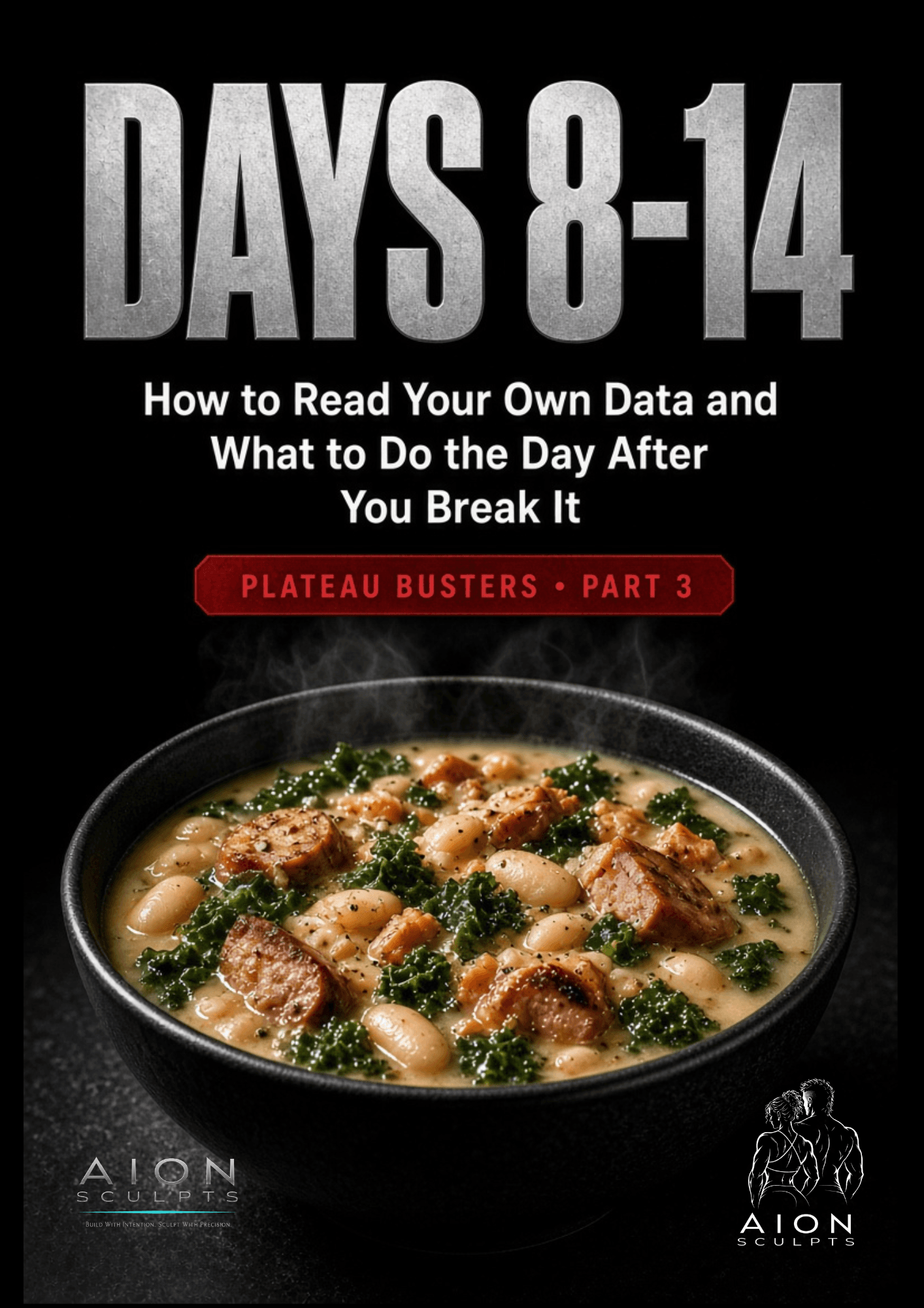 Poster reading DAYS 8-14 in brushed steel capitals, above the line How to Read Your Own Data and What to Do the Day After You Break It and a red badge reading Plateau Busters, Part 3. Below, a dark bowl of white bean and turkey sausage soup with kale.