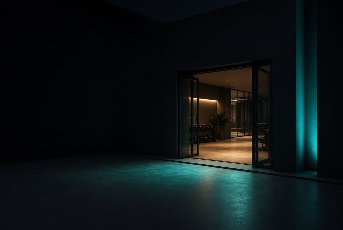 A gym entrance at dusk, doors open, warm light inside spilling onto the pavement.