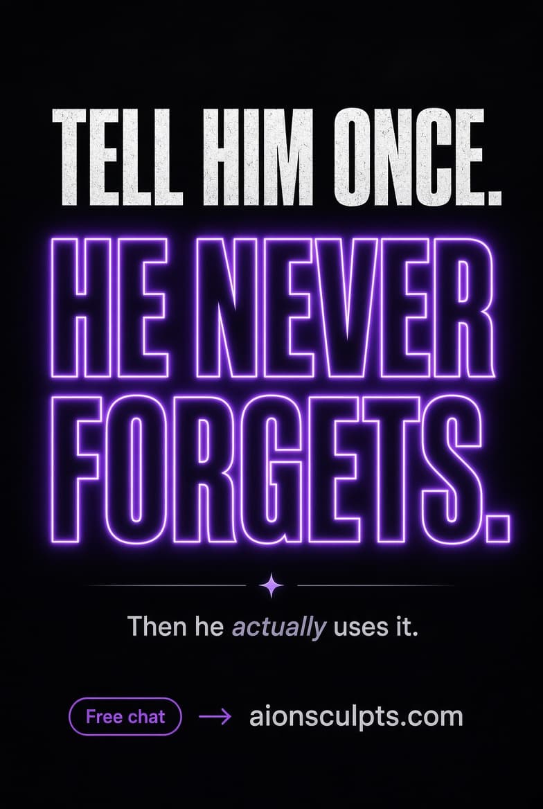 Poster reading AION REMEMBERS YOU, listing injuries, night shifts, food rules, goals and preferences.