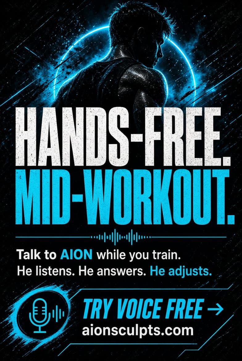 Poster reading HANDS-FREE. MID-WORKOUT. above the lines: Talk to AION while you train. He listens. He answers. He adjusts.