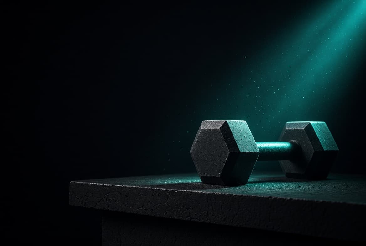 A single dumbbell resting on a dark surface, lit by a narrow teal beam of light with dust visible in the air.