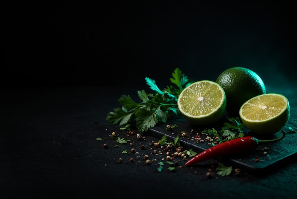 Halved limes, fresh parsley, a red chili and scattered peppercorns on a dark slate board, lit from the side.