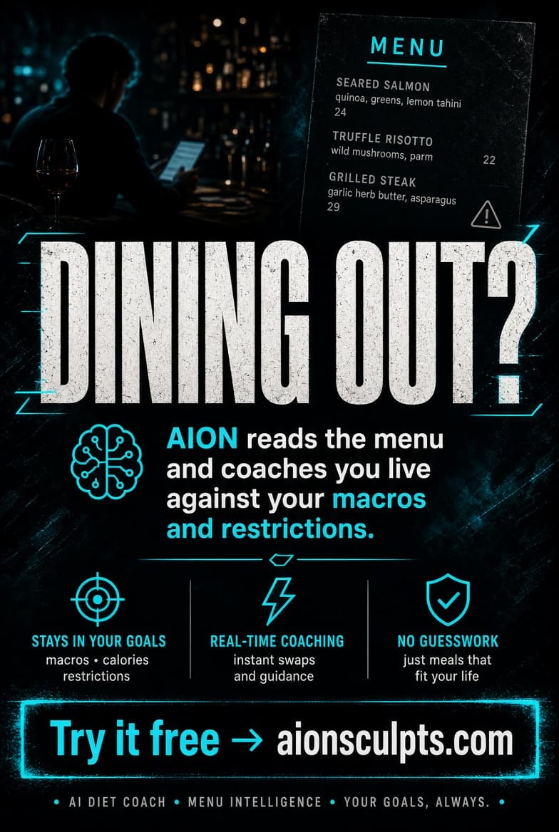 Poster reading DINING OUT? with a restaurant menu, describing menu reading against goals and restrictions.