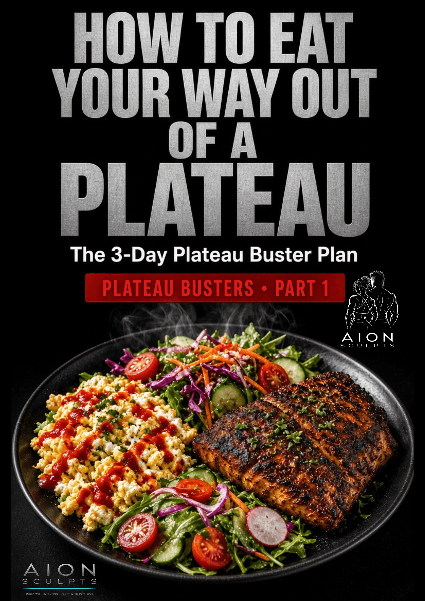 Poster reading HOW TO EAT YOUR WAY OUT OF A PLATEAU in brushed steel capitals, above the line The 3-Day Plateau Buster Plan and a red badge reading Plateau Busters, Part 1. Below, a dark plate of sriracha-drizzled egg white scramble beside a blackened fillet and a raw crunch salad.