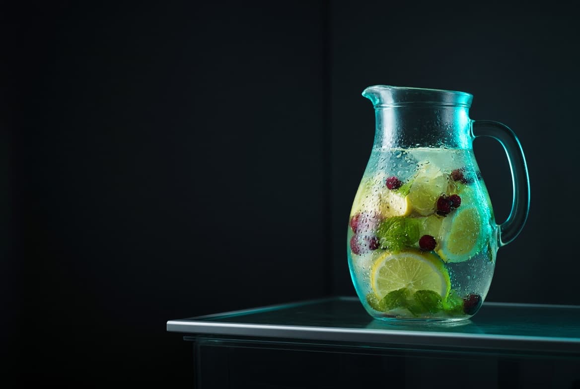 A glass pitcher of water filled with sliced citrus, berries and mint, beaded with condensation on a dark shelf.