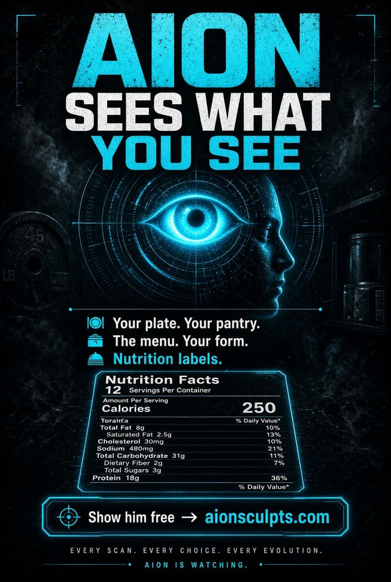 Poster reading AION SEES WHAT YOU SEE above a glowing eye, listing your plate, your pantry, the menu, your form and nutrition labels, beside a nutrition facts panel.