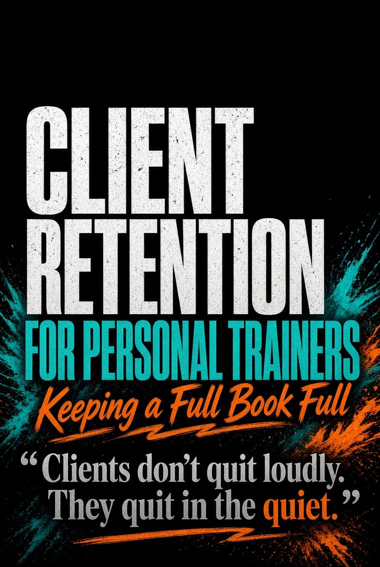 Poster reading CLIENT RETENTION FOR PERSONAL TRAINERS, Keeping a Full Book Full, with the line: Clients don’t quit loudly. They quit in the quiet.