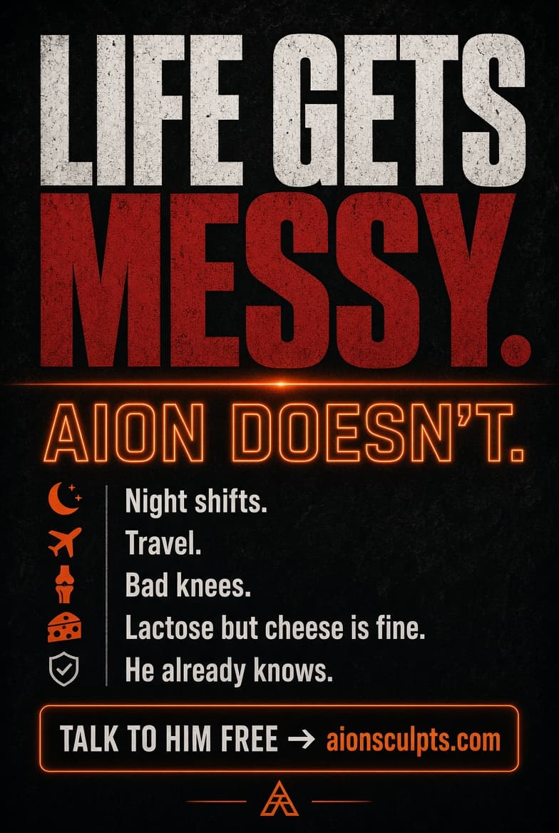 Poster reading LIFE GETS MESSY. AION DOESN’T. — listing night shifts, travel, bad knees, lactose but cheese is fine, and: He already knows.