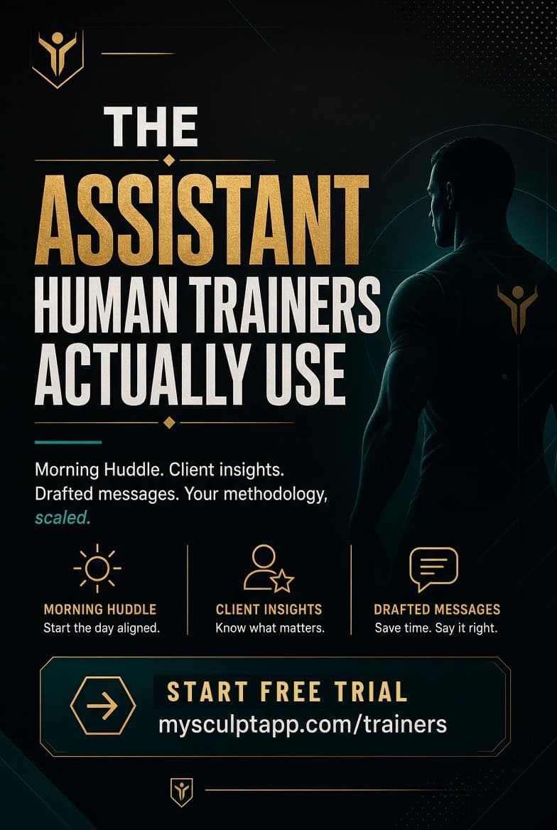 Poster reading THE ASSISTANT HUMAN TRAINERS ACTUALLY USE, listing Morning Huddle, client insights and drafted messages.
