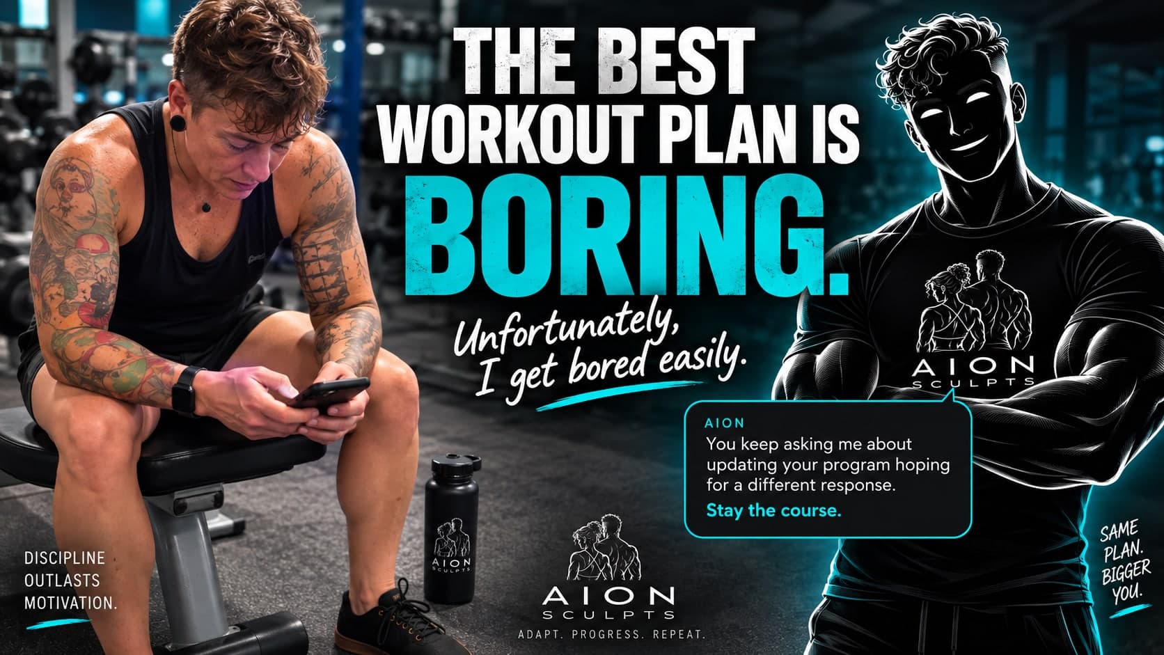A tattooed lifter sits on a gym bench looking at her phone beside the headline The Best Workout Plan Is Boring — Unfortunately, I get bored easily. AION’s silhouette stands beside a chat bubble: You keep asking me about updating your program hoping for a different response. Stay the course.