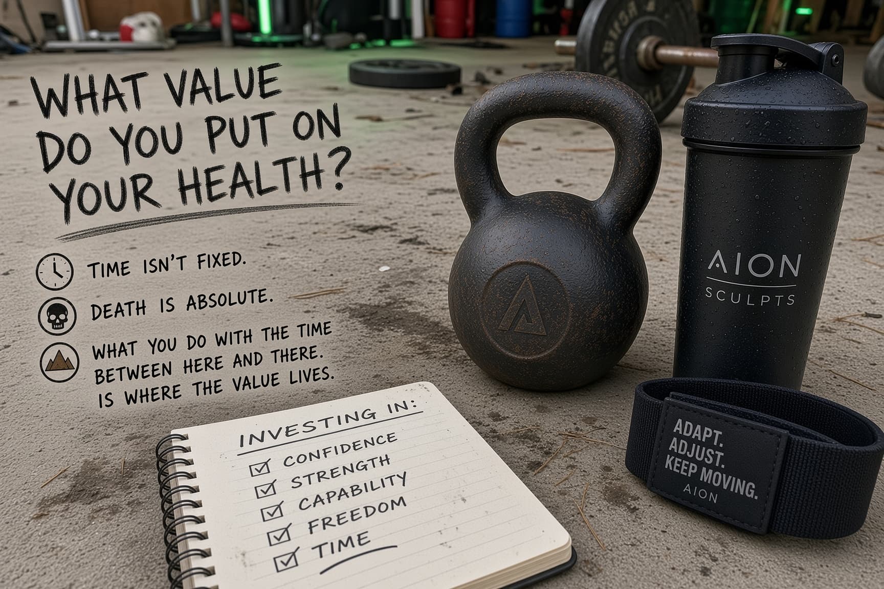 A kettlebell, an AION Sculpts shaker bottle and a resistance band reading Adapt. Adjust. Keep moving., on a garage gym floor beside an open notebook headed Investing in: with confidence, strength, capability, freedom and time all checked off. Hand-lettered across the floor: What value do you put on your health? Time isn’t fixed. Death is absolute. What you do with the time between here and there is where the value lives.