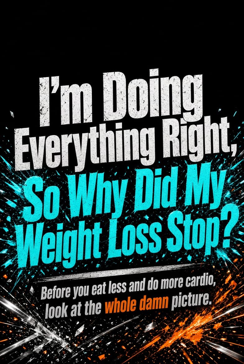 Poster reading I’m Doing Everything Right, So Why Did My Weight Loss Stop? with the line: Before you eat less and do more cardio, look at the whole damn picture.