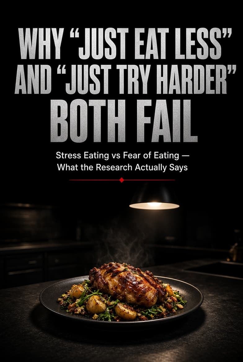 Poster reading WHY “JUST EAT LESS” AND “JUST TRY HARDER” BOTH FAIL in brushed steel capitals, above the line Stress Eating vs Fear of Eating — What the Research Actually Says, over a dimly lit kitchen counter with a single plated meal under a hanging lamp.