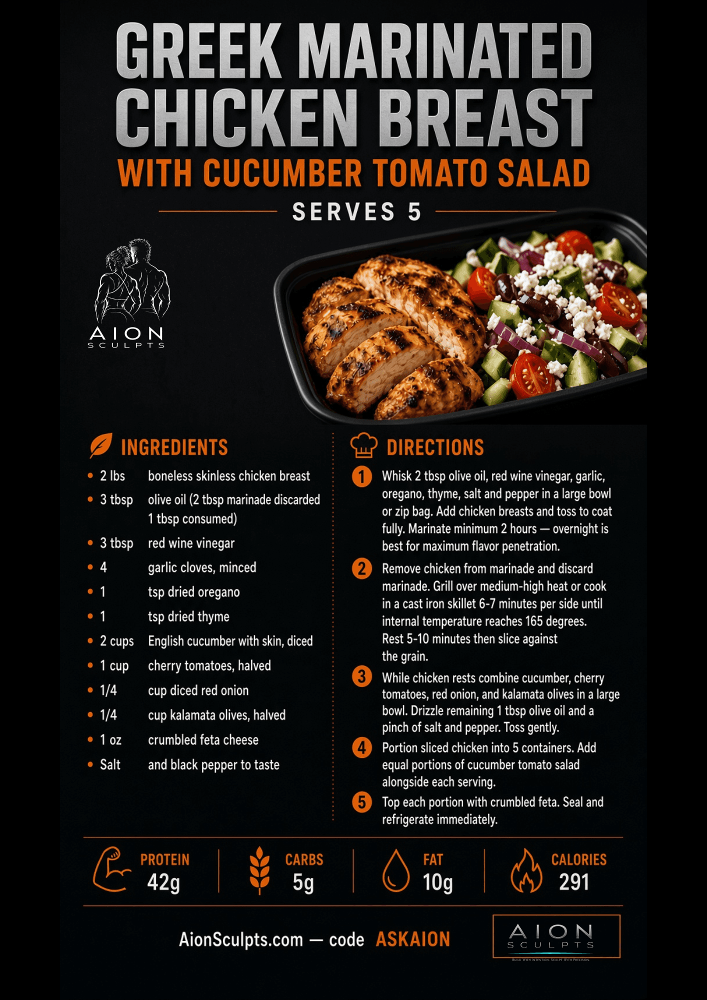 Greek Marinated Chicken Breast with Cucumber Tomato Salad recipe card