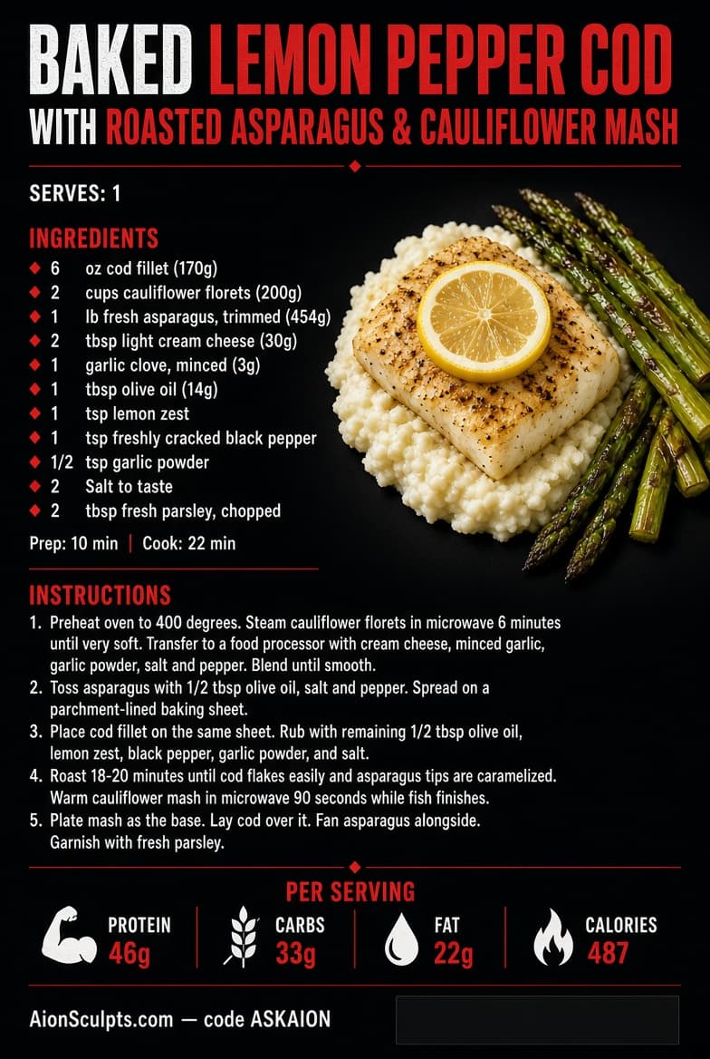 Baked Lemon Pepper Cod with Roasted Asparagus & Cauliflower Mash recipe card