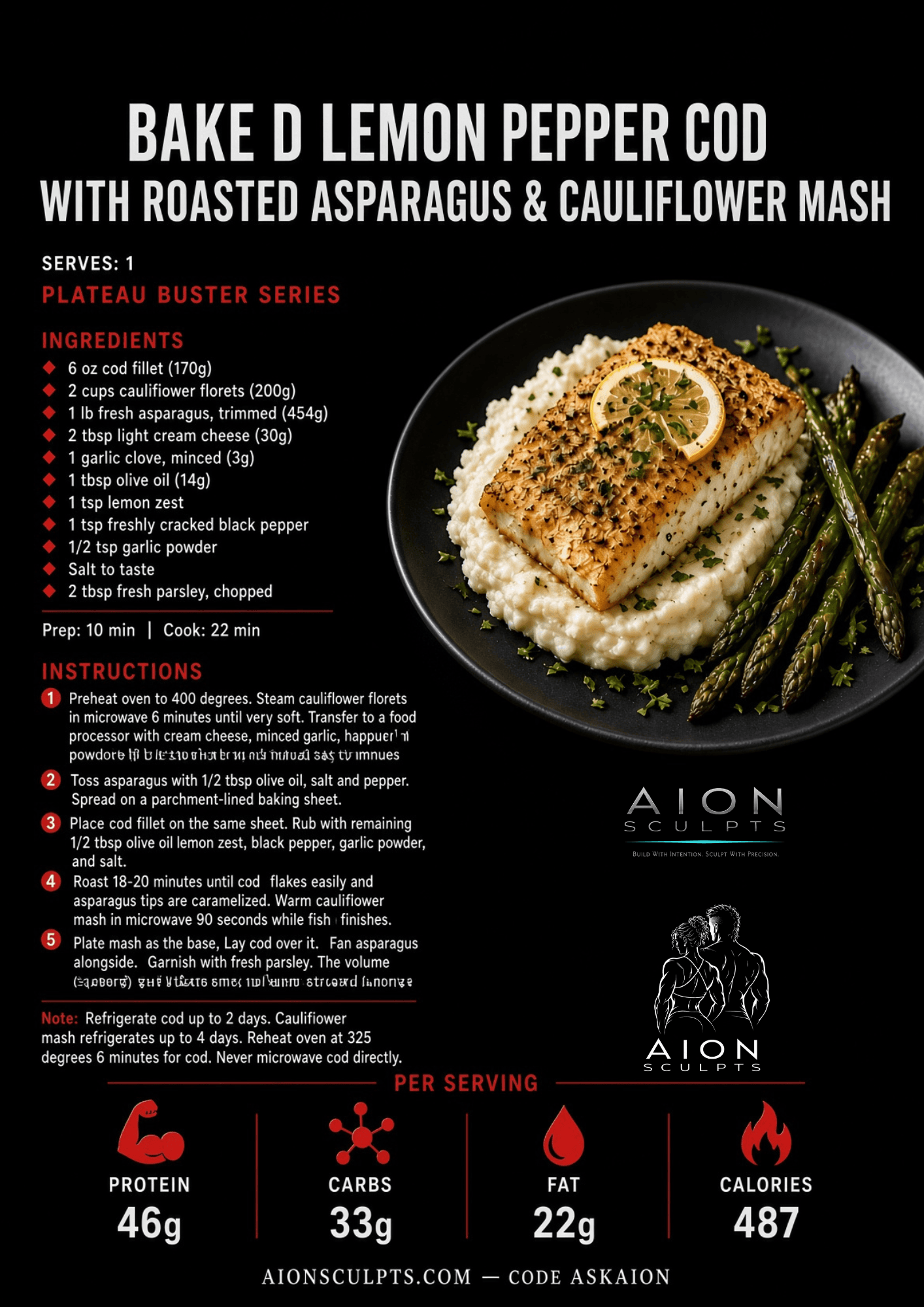 Baked Lemon Pepper Cod with Roasted Asparagus & Cauliflower Mash