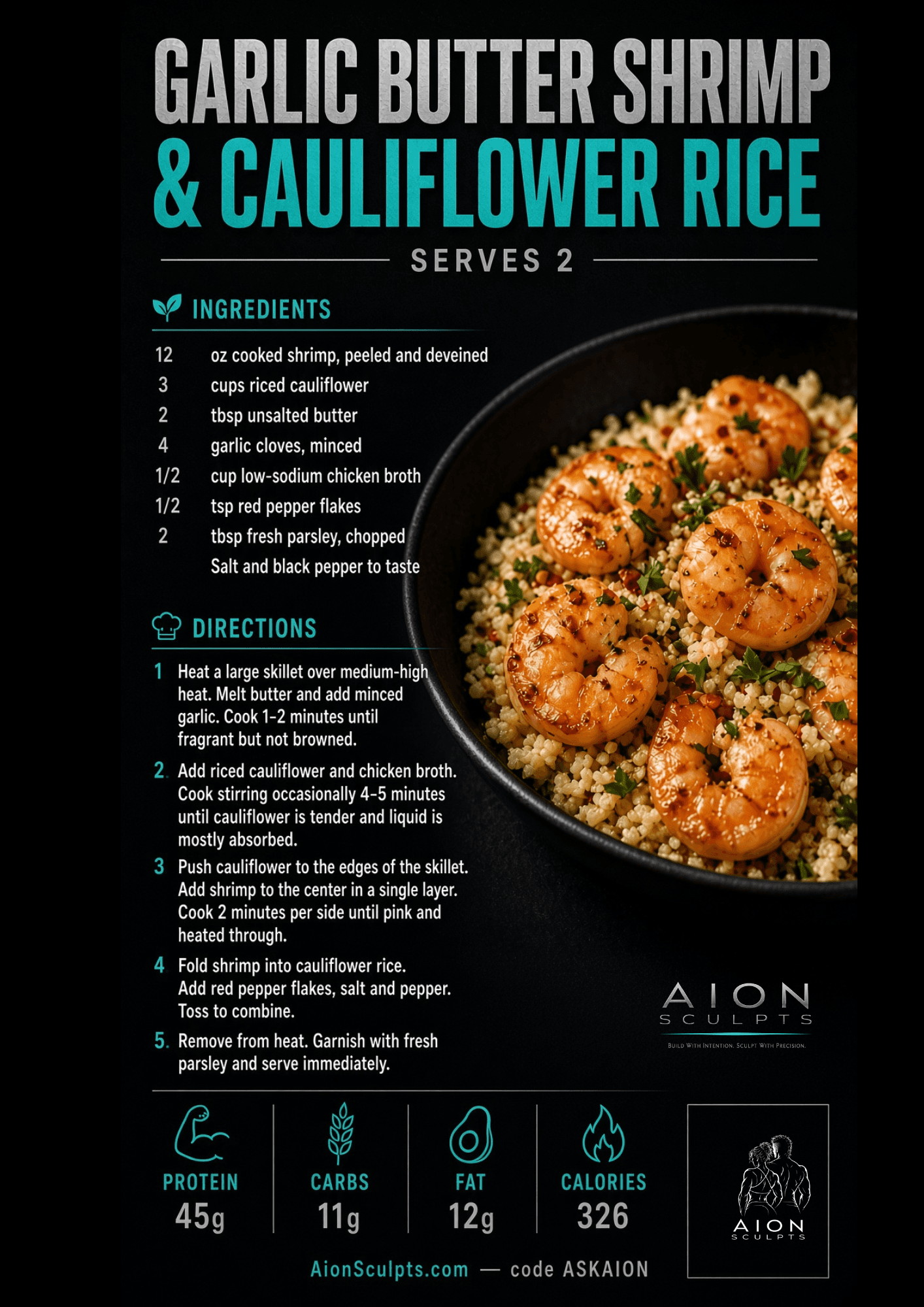 Garlic Butter Shrimp & Cauliflower Rice recipe card
