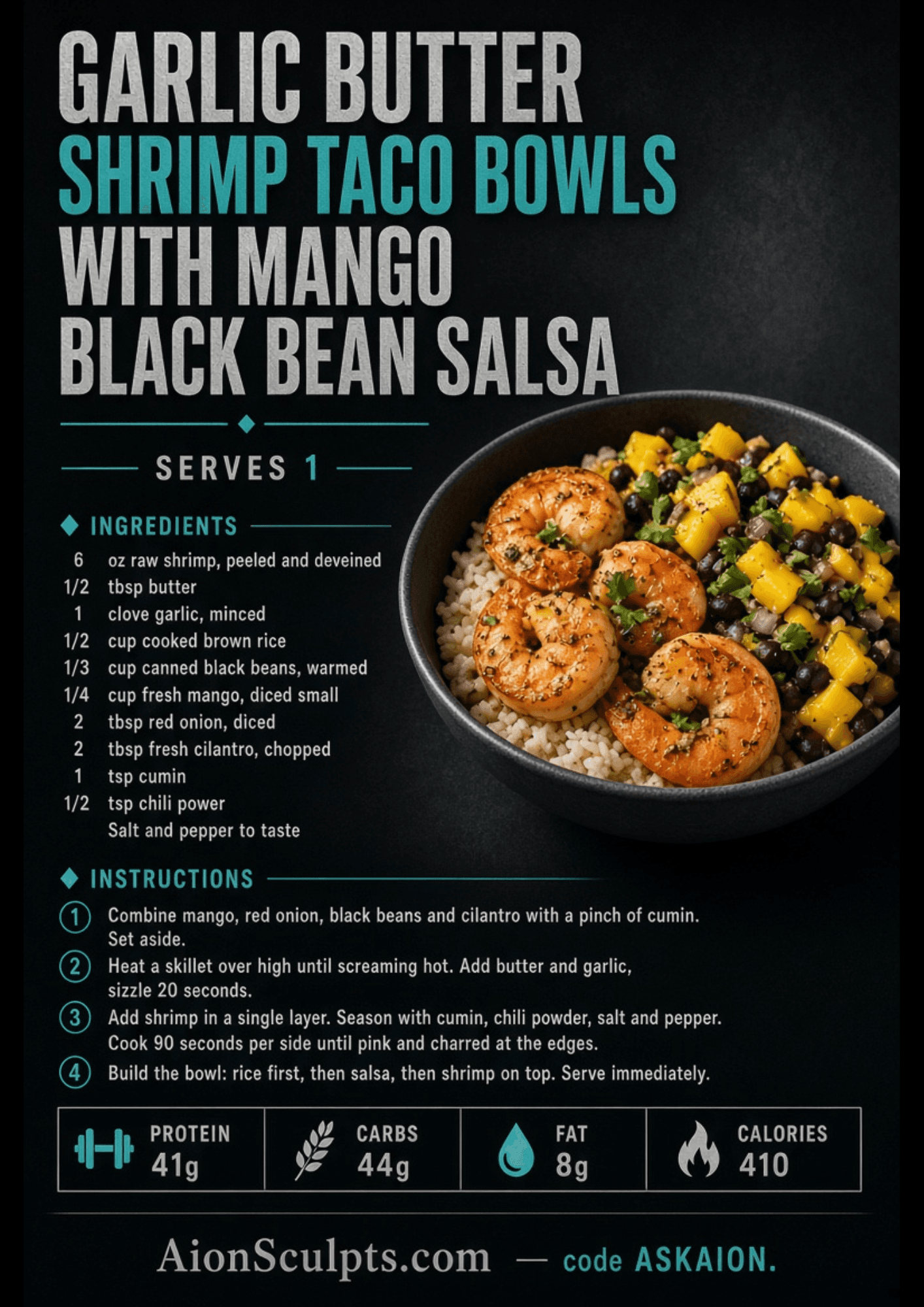 Garlic Butter Shrimp Taco Bowls with Mango Black Bean Salsa recipe card