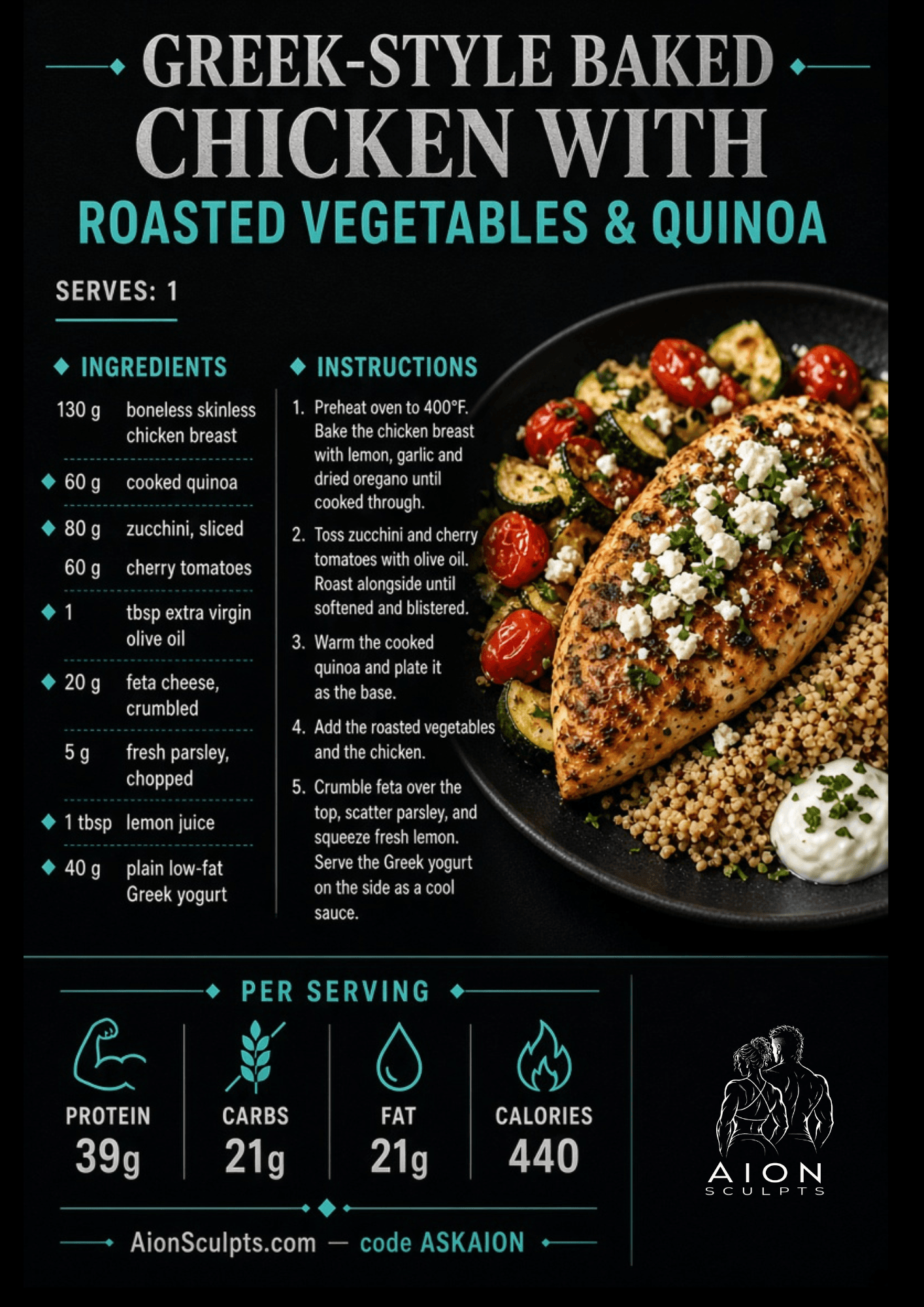 Greek-Style Baked Chicken with Roasted Vegetables & Quinoa recipe card