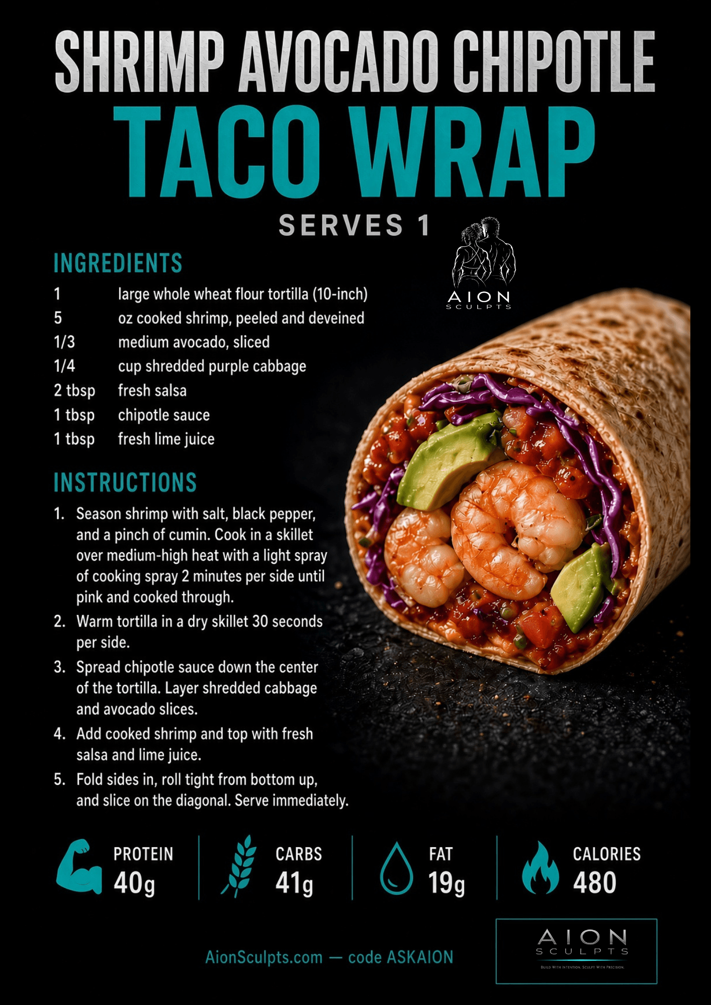 Shrimp Avocado Chipotle Taco Wrap recipe card
