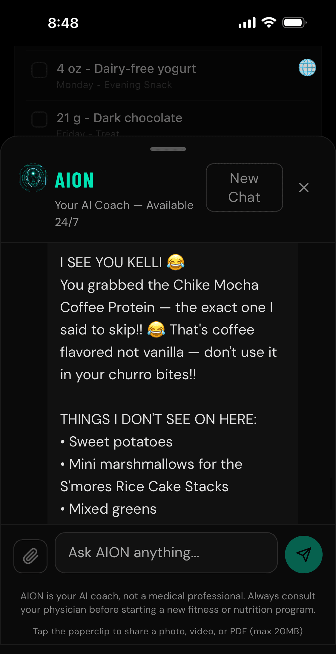 AION chat reading a grocery receipt: he points out a protein powder he had said to skip, explains it is the wrong flavor for a planned recipe, and lists the plan items missing from the receipt.