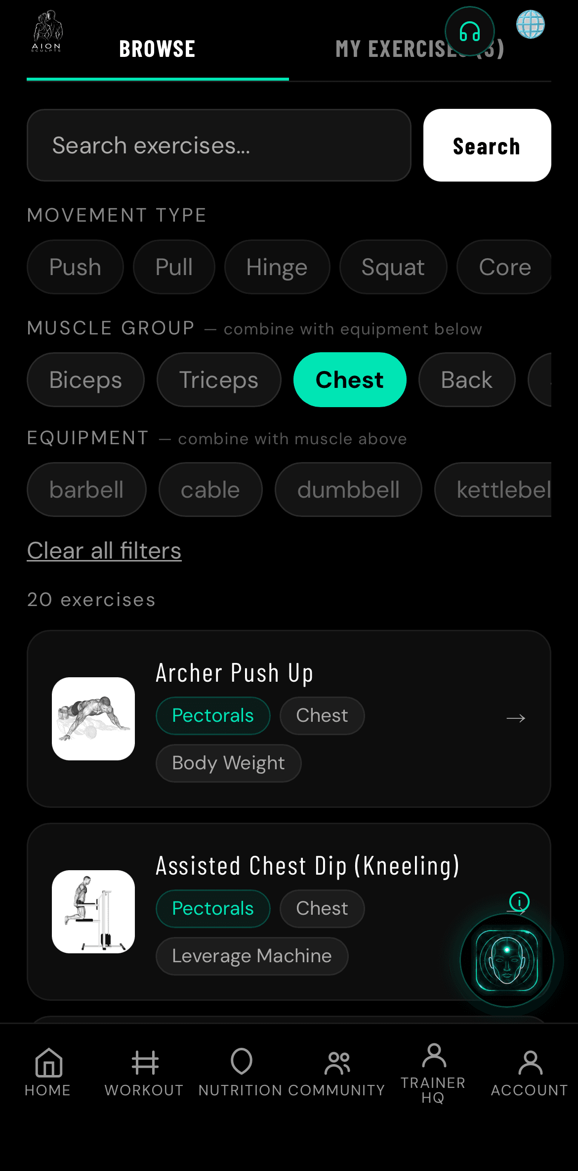 Exercise library with a search box and filters for movement type, muscle group and equipment, showing chest exercises each with a demonstration image and its equipment tag.