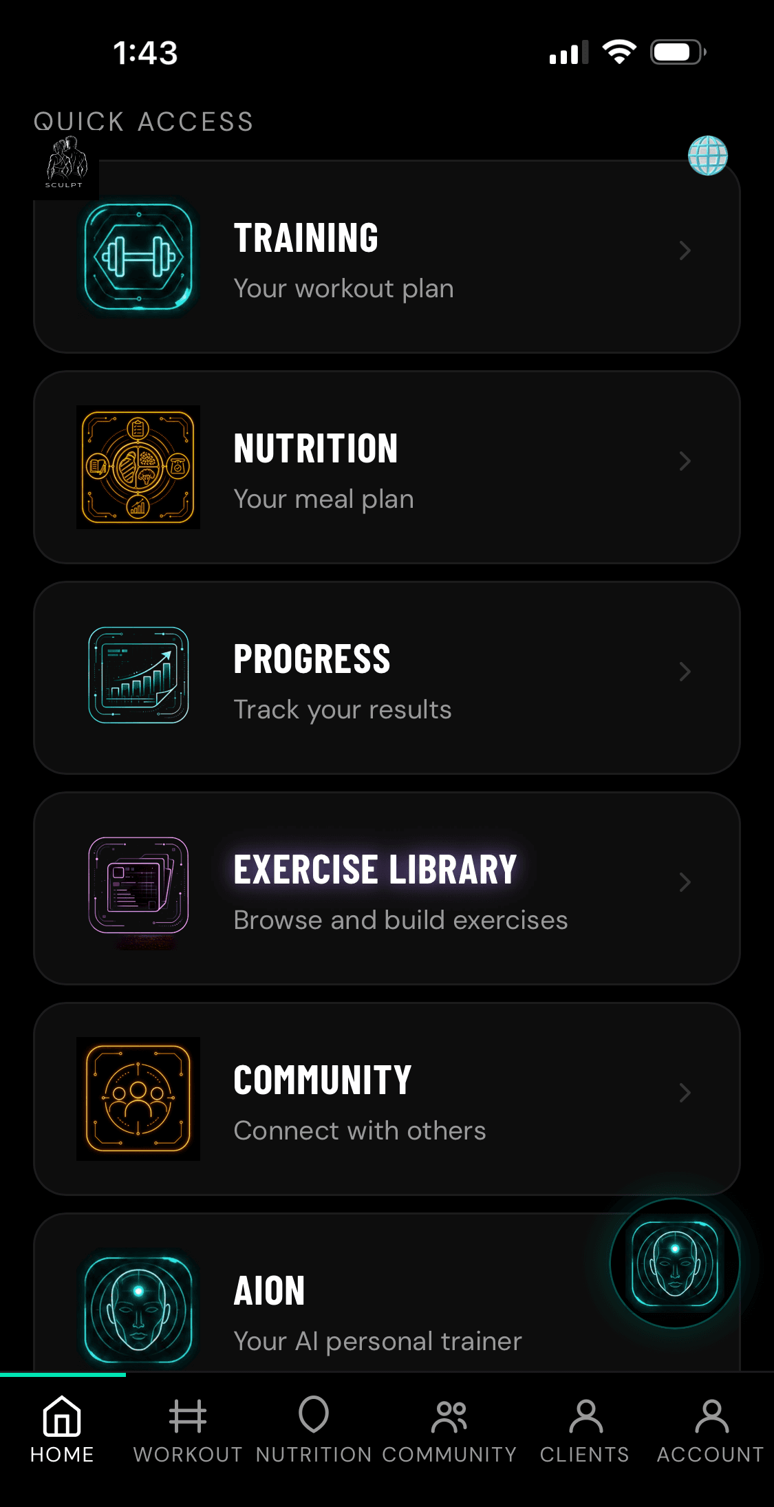 Sculpt home screen with Quick Access tiles for Training, Nutrition, Progress, Exercise Library, Community and AION.