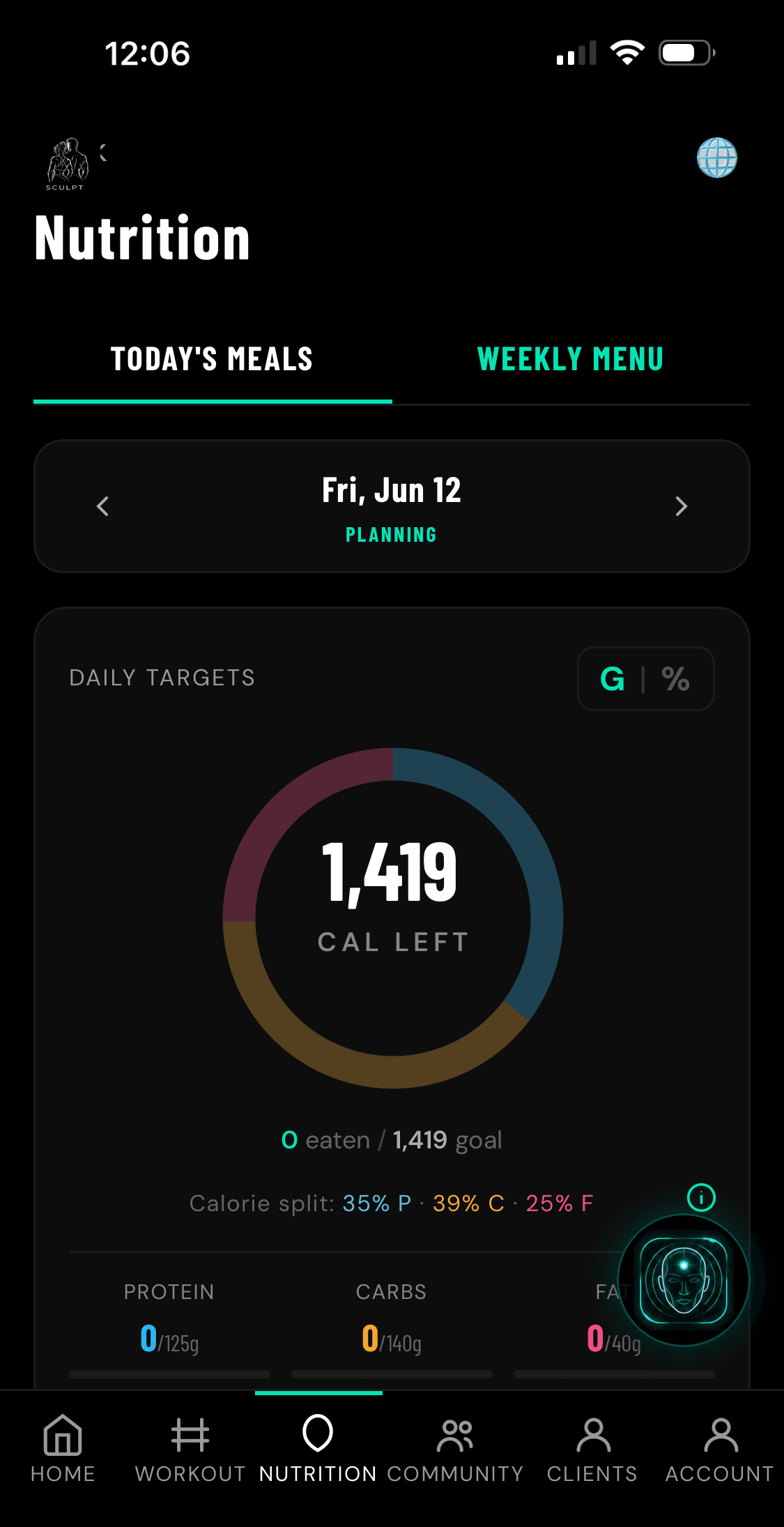 Nutrition screen showing a daily target ring with 1,419 calories left, a calorie split of 35% protein, 39% carbs and 25% fat, and protein, carb and fat targets underneath.