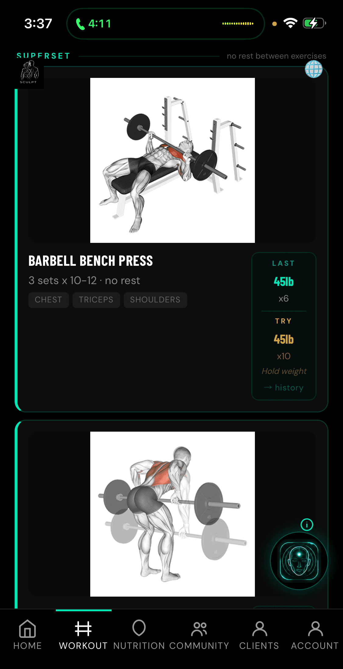 Today's workout: Upper Push and Pull, about 30 minutes, with a written warm-up and a bench press demonstration below the start button.